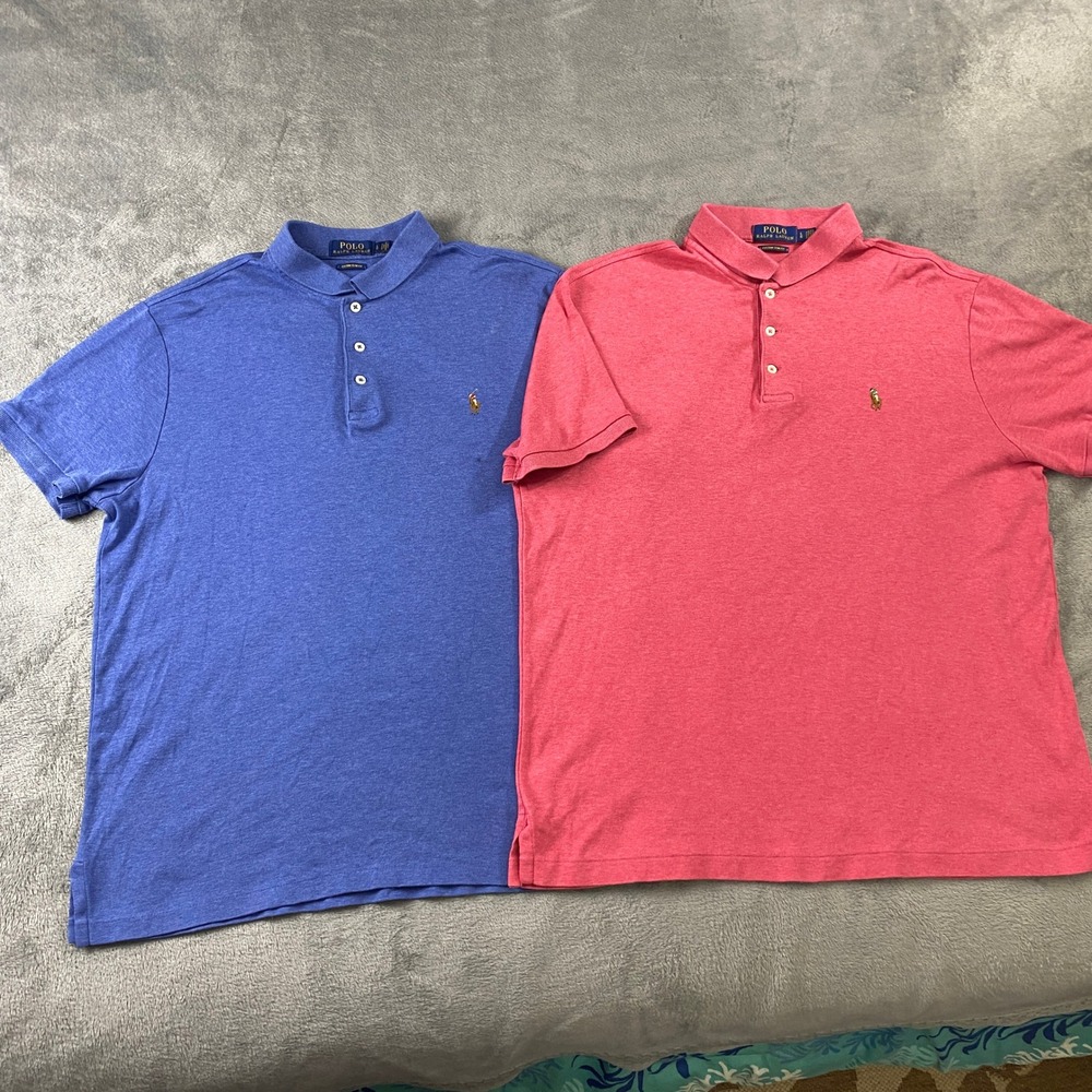 Polo Ralph Lauren Polo Shirt Mens L Blue Pink 2-Pack Custom Slim Fit Heathered